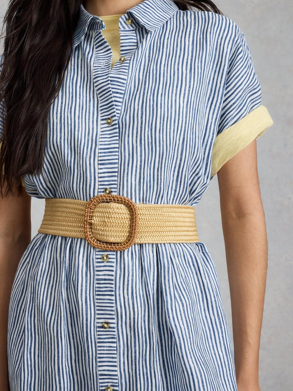 Annabelle Stripe Linen Dress in BLUE MLT - MODEL DETAIL