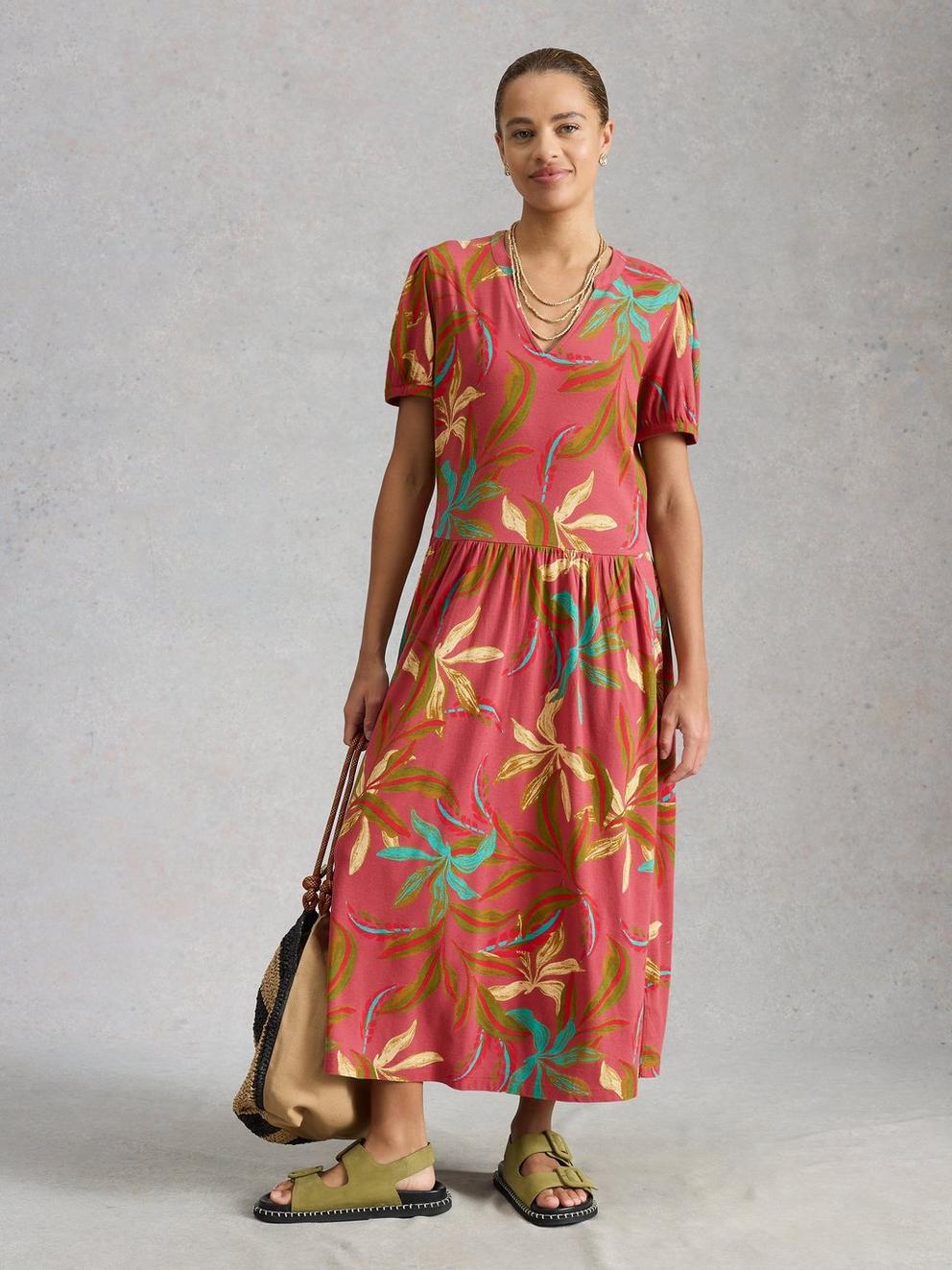 Leah Print Jersey Midi Dress in PINK PR - MODEL FRONT