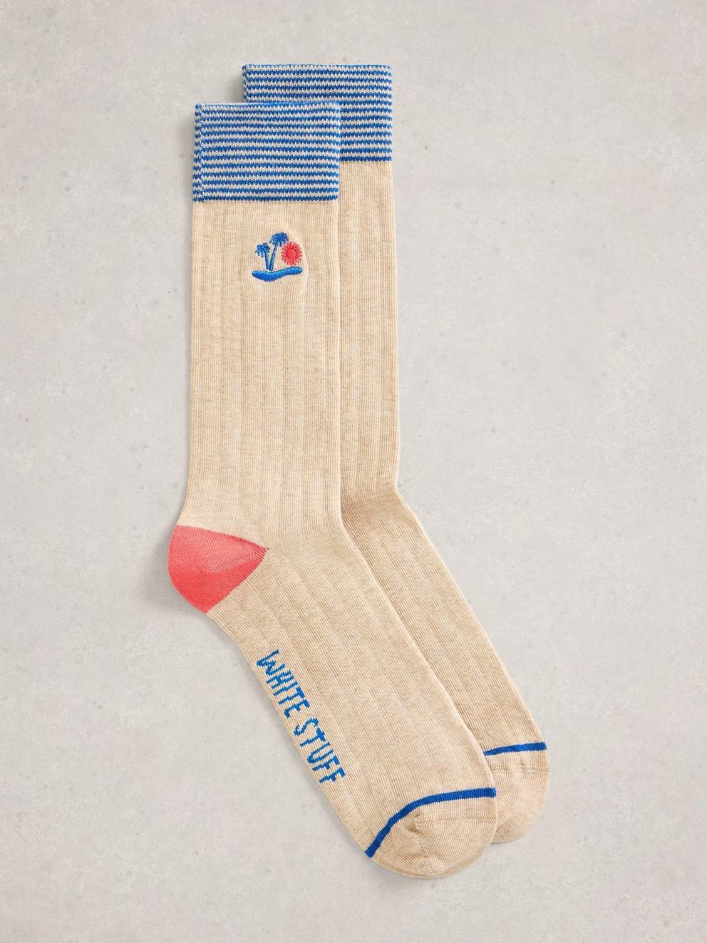 Embroidered Rib Ankle Socks in NAT MLT - FLAT FRONT