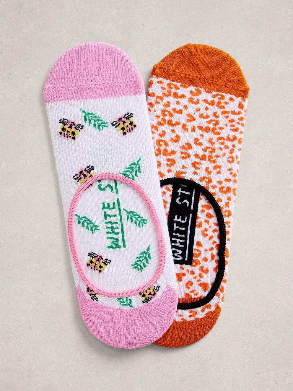 2PK Leopard No Show Socks in ORANGE MLT - FLAT FRONT