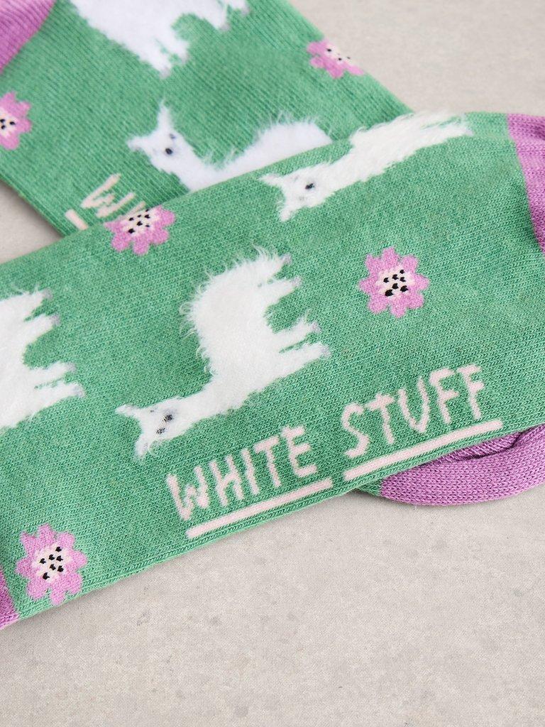 Fluffy Llama Trainer Sock in GREEN MLT - FLAT DETAIL