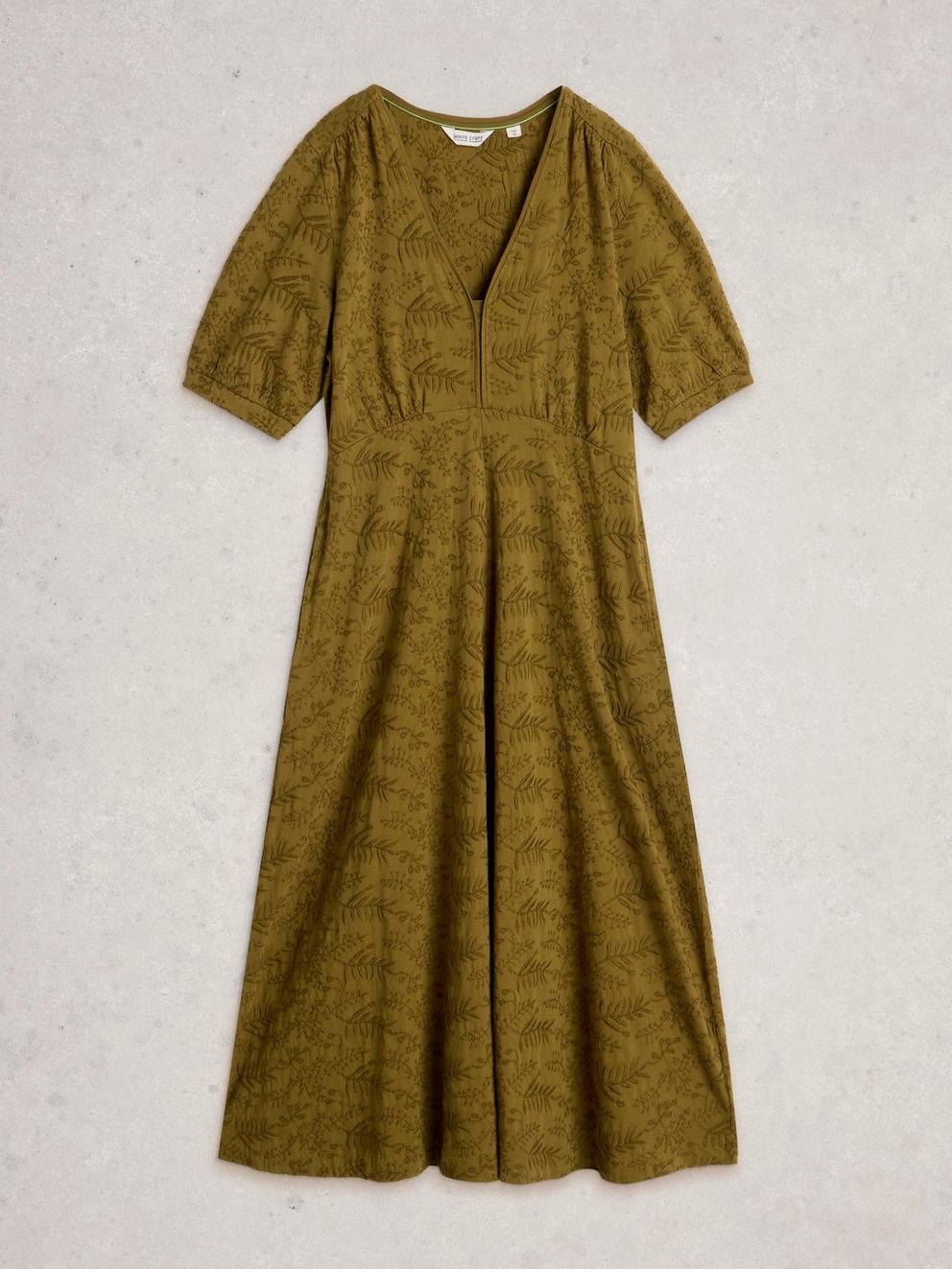 Megan Embroidered Jersey Dress in KHAKI GRN - FLAT FRONT