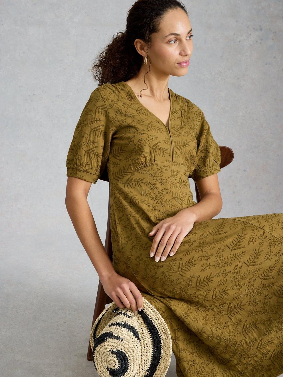 Megan Embroidered Jersey Dress in KHAKI GRN - LIFESTYLE