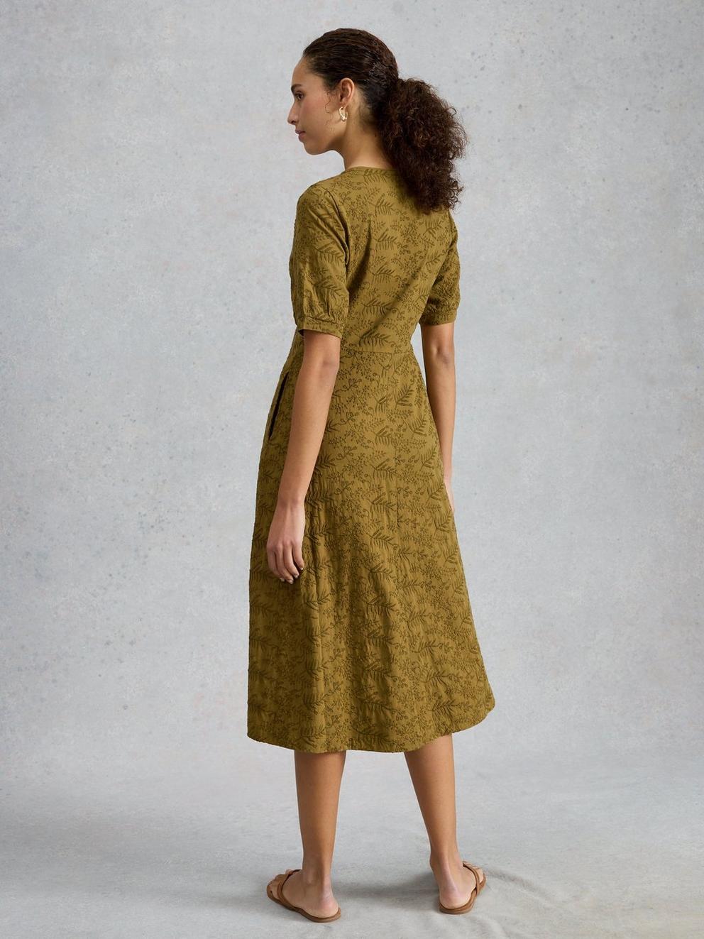 Megan Embroidered Jersey Dress in KHAKI GRN - MODEL BACK
