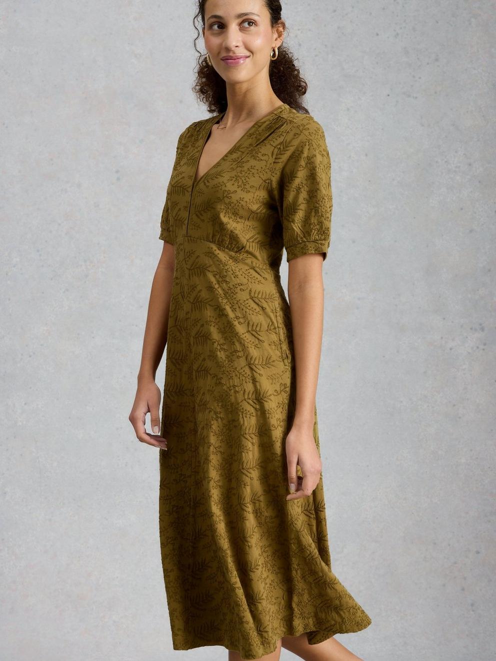Megan Embroidered Jersey Dress in KHAKI GRN - MODEL DETAIL