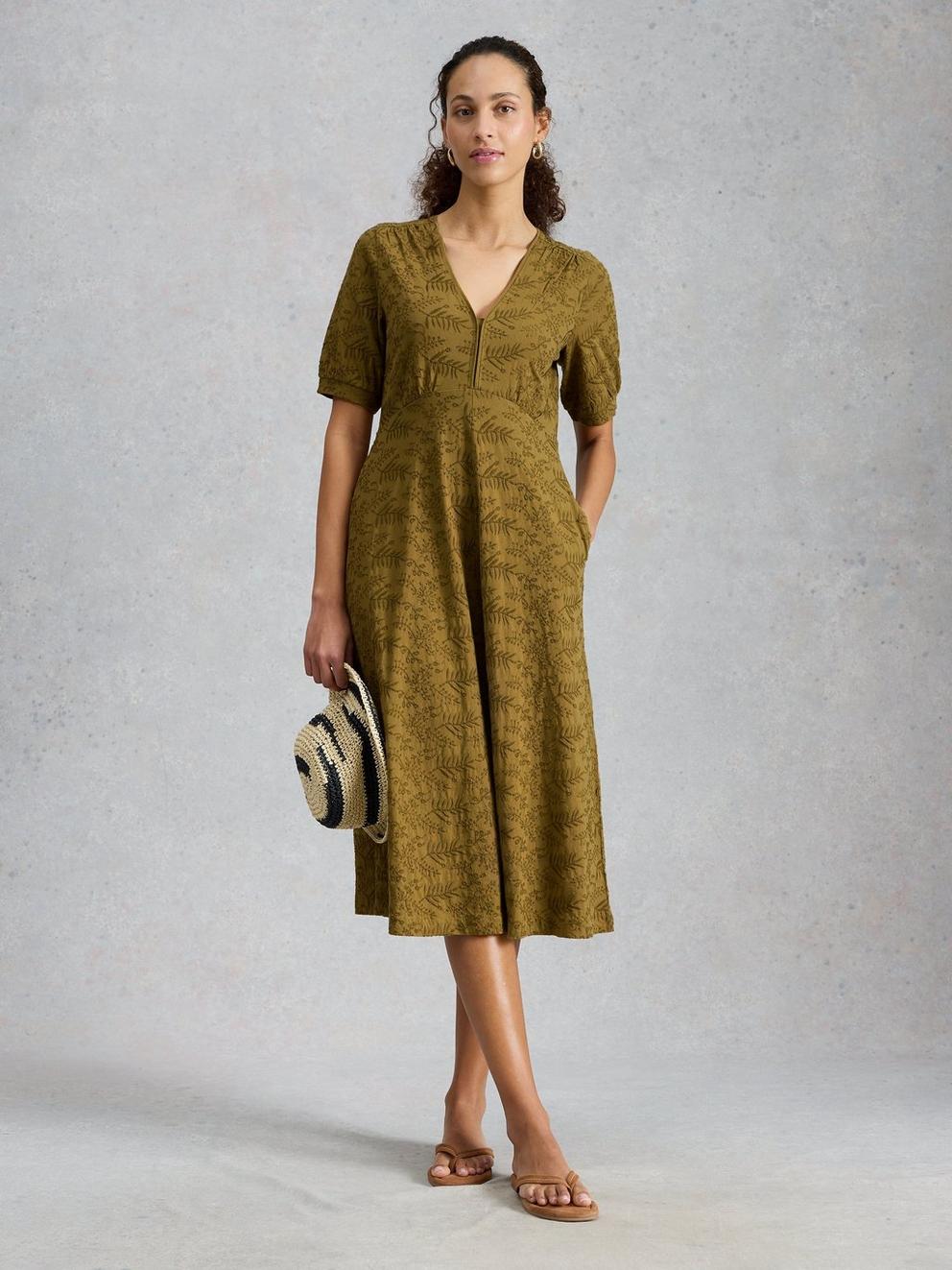 Megan Embroidered Jersey Dress in KHAKI GRN - MODEL FRONT