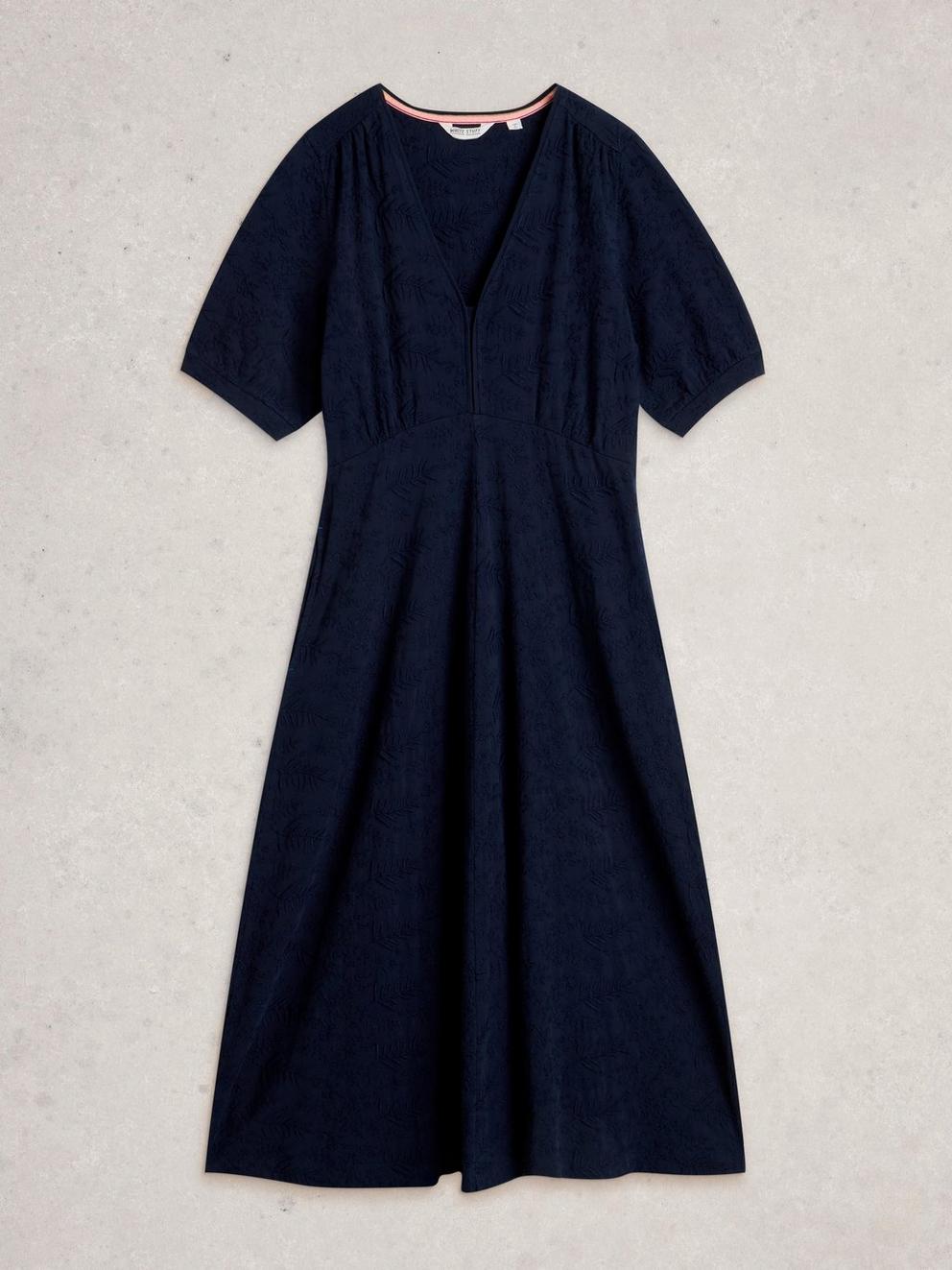Megan Embroidered Jersey Dress in MID BLUE - FLAT FRONT