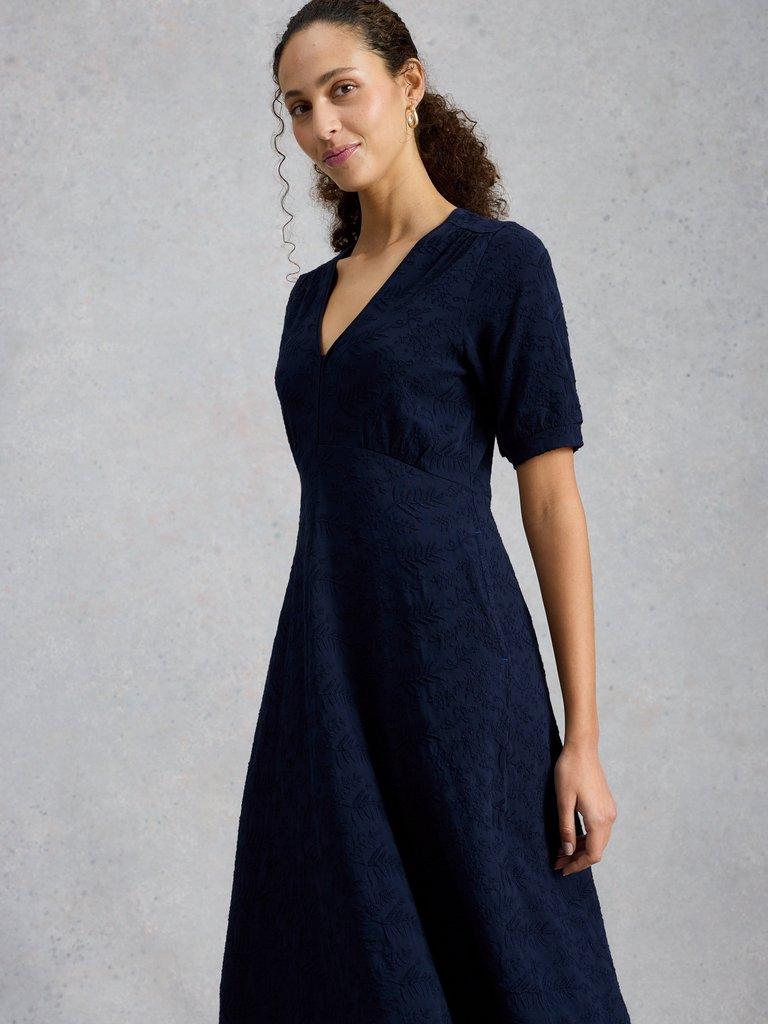 Megan Embroidered Jersey Dress in MID BLUE - MODEL DETAIL