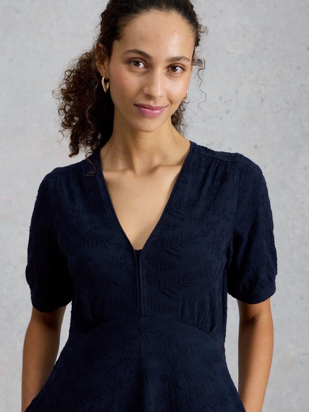 Megan Embroidered Jersey Dress in MID BLUE - MODEL FRONT