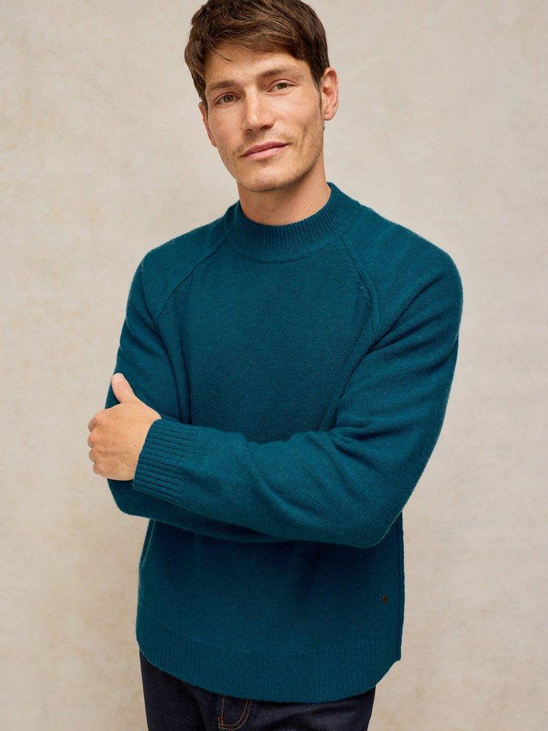 MILTON MOCK NECK JUMPER in MID TEAL - MODEL FRONT