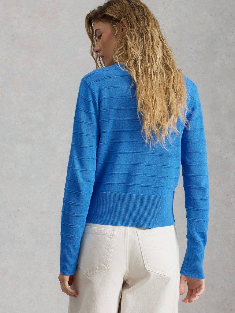 LOIS STITCH CARDI in MID BLUE - MODEL BACK