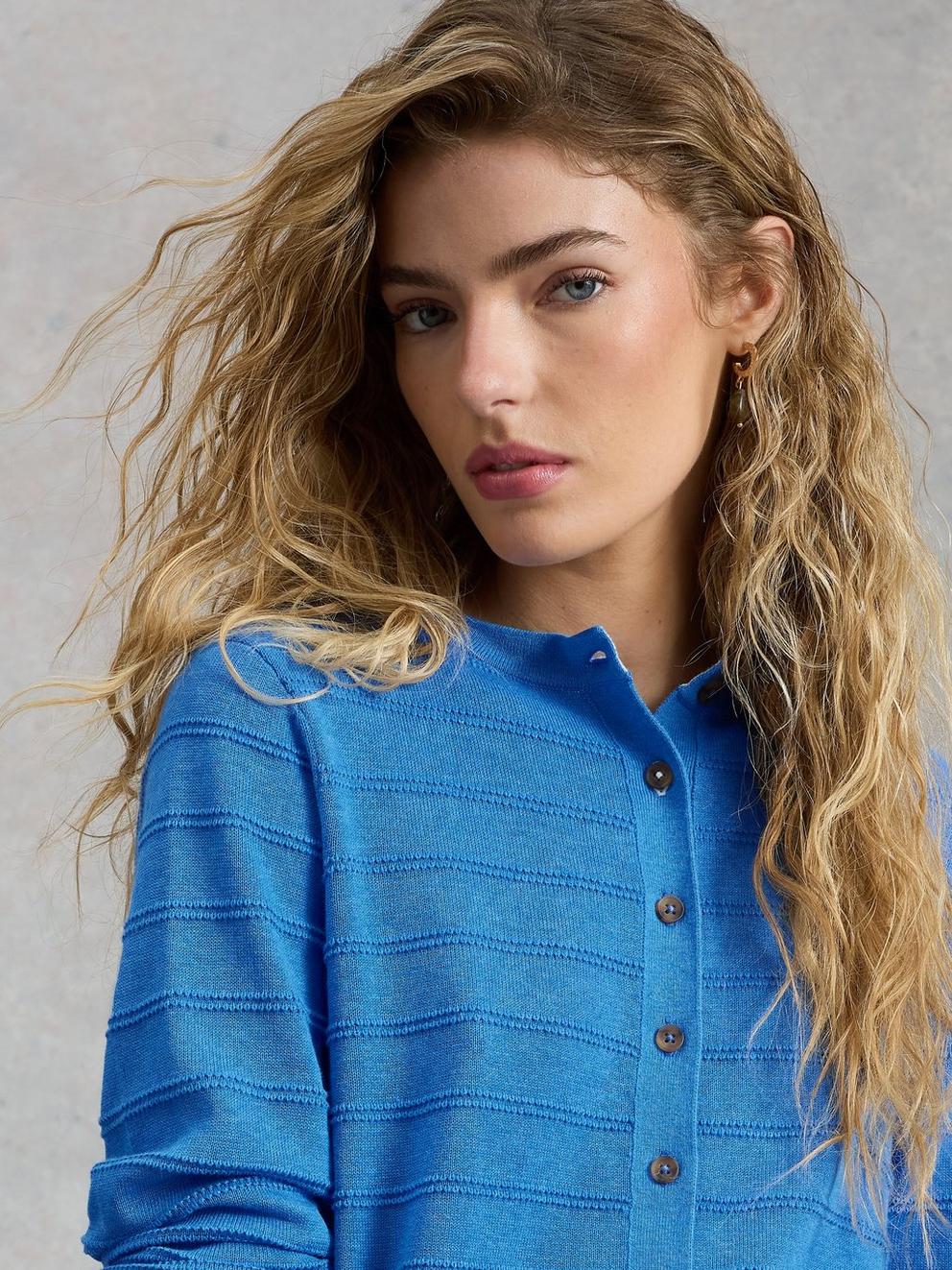 LOIS STITCH CARDI in MID BLUE - MODEL DETAIL