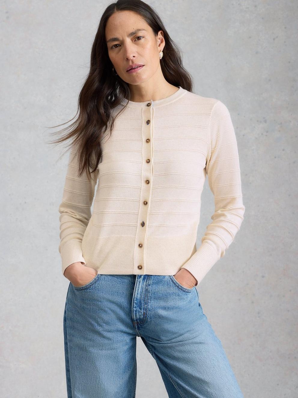 LOIS STITCH CARDI in NAT WHITE - MODEL DETAIL