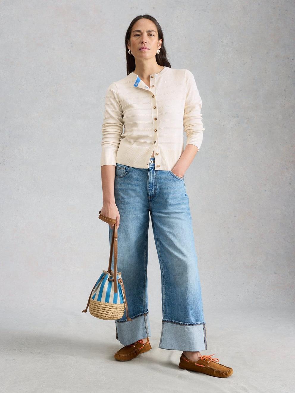 LOIS STITCH CARDI in NAT WHITE - MODEL FRONT