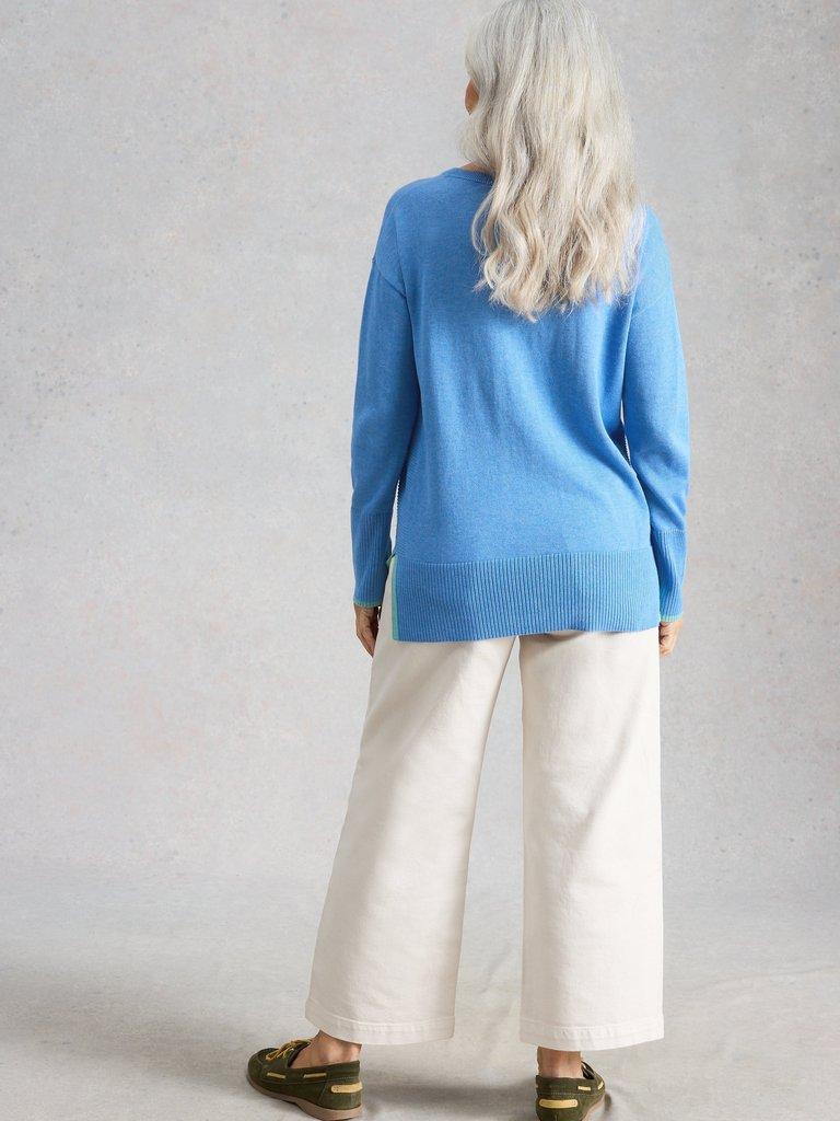 OLIVE JUMPER in MID BLUE - MODEL BACK