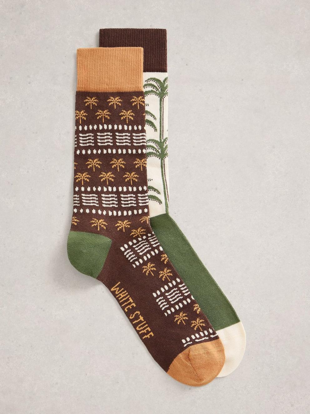 2PK Palm Print Ankle Socks in GREEN MLT - FLAT FRONT
