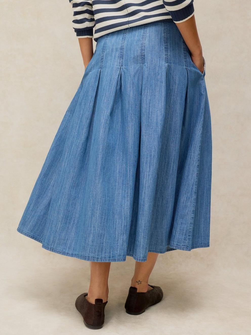 MARLOWE DENIM SKIRT in CHAMB BLUE - MODEL BACK