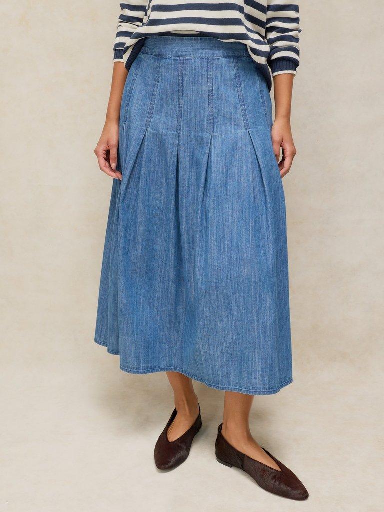 MARLOWE DENIM SKIRT in CHAMB BLUE - MODEL FRONT
