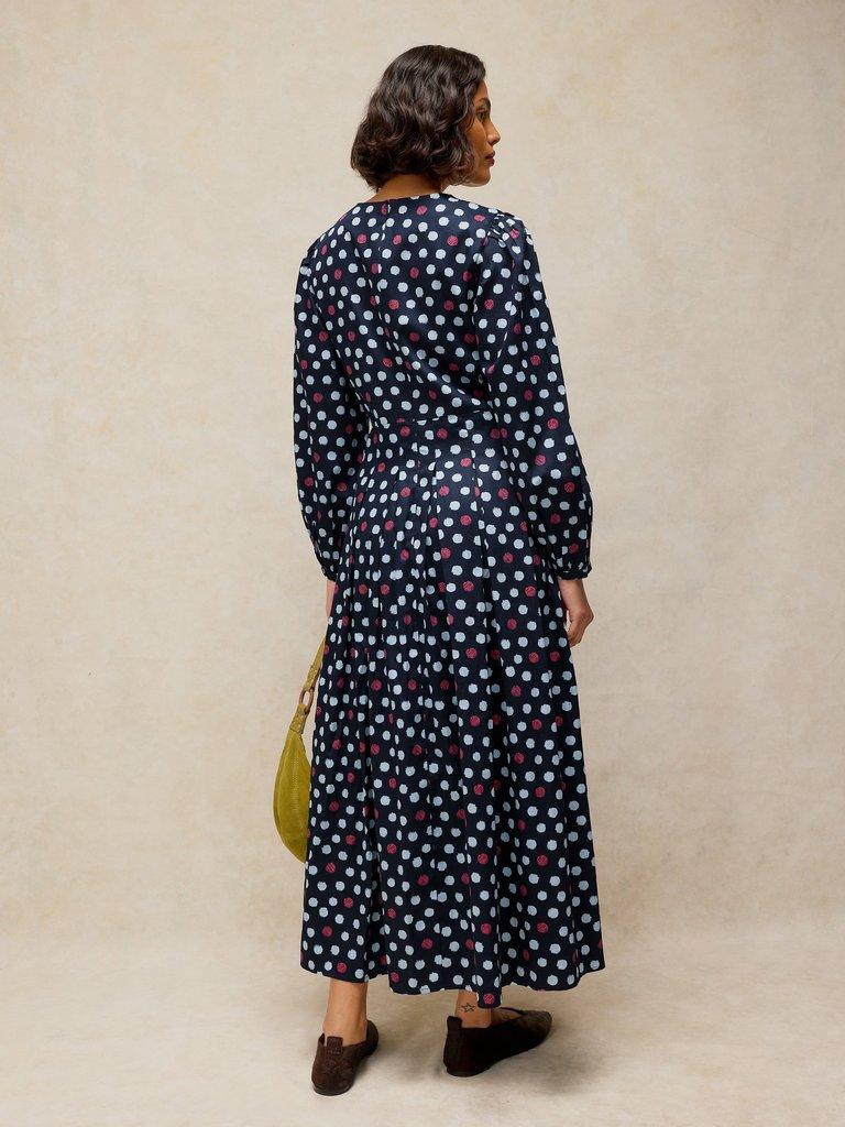 SIERRA PLEAT DRESS in NAVY MULTI - MODEL BACK