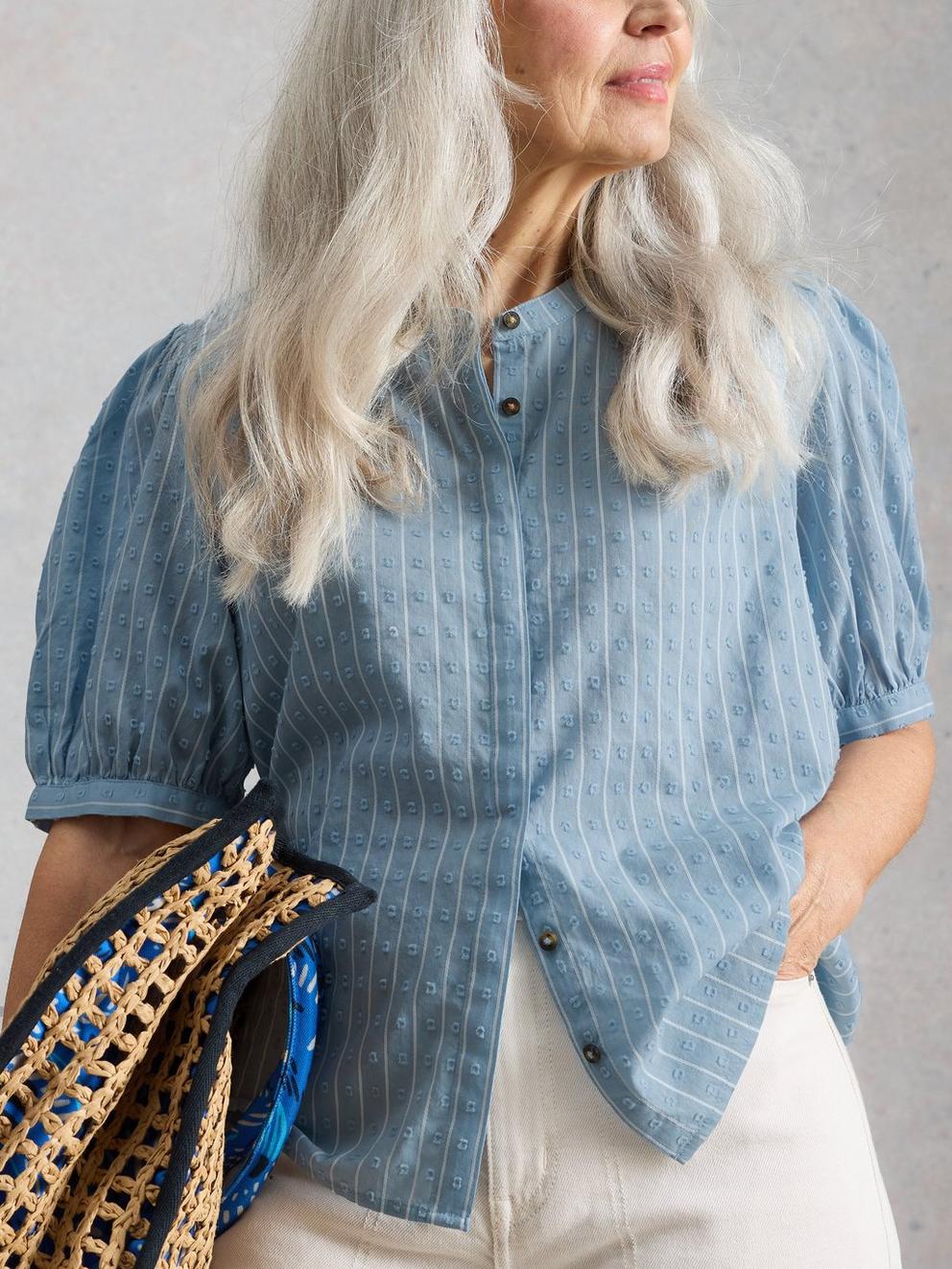 Lana Short Sleeve Top in MID BLUE - MODEL DETAIL