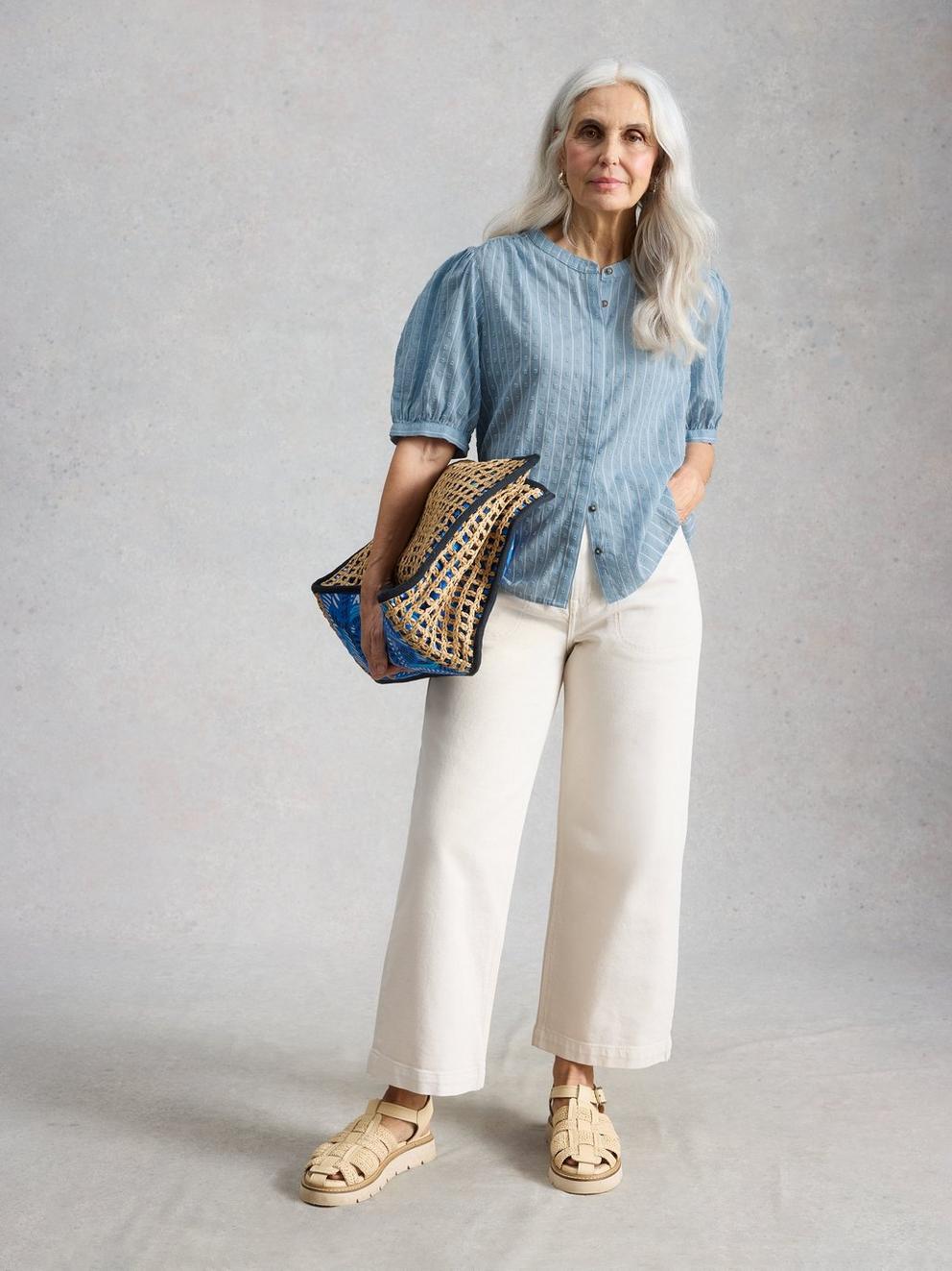 Lana Short Sleeve Top in MID BLUE - MODEL FRONT