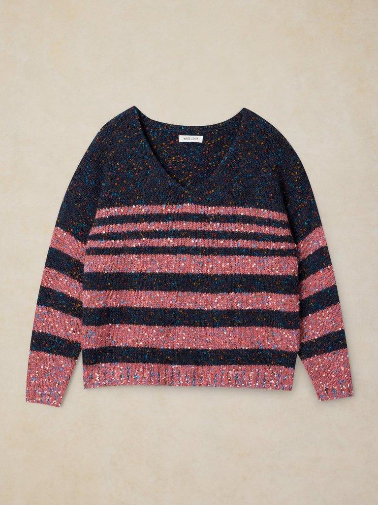 TEXTURE STRIPE V NECK JUMPER in NAVY MULTI - FLAT FRONT