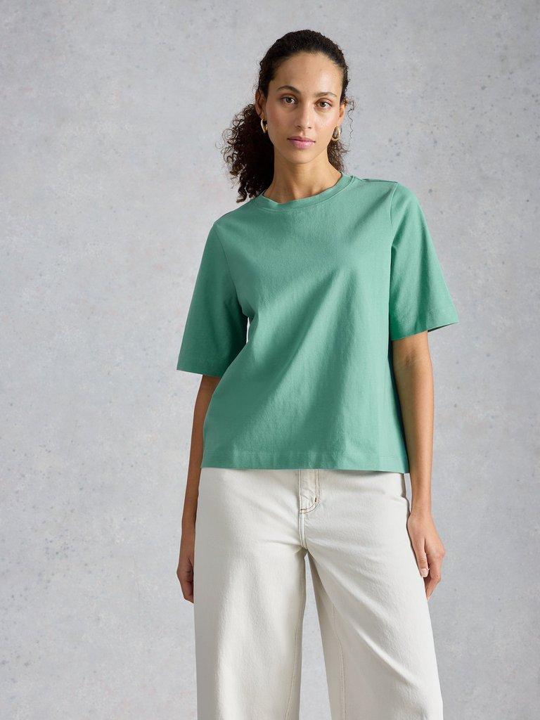 KHLOE TEE in MID TEAL - MODEL DETAIL
