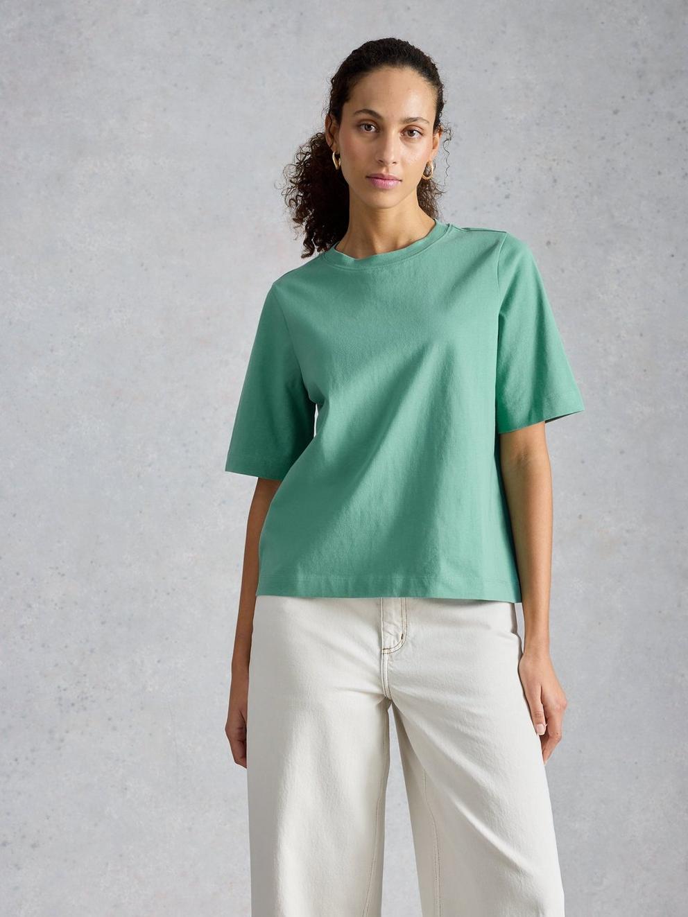 KHLOE TEE in MID TEAL - MODEL DETAIL