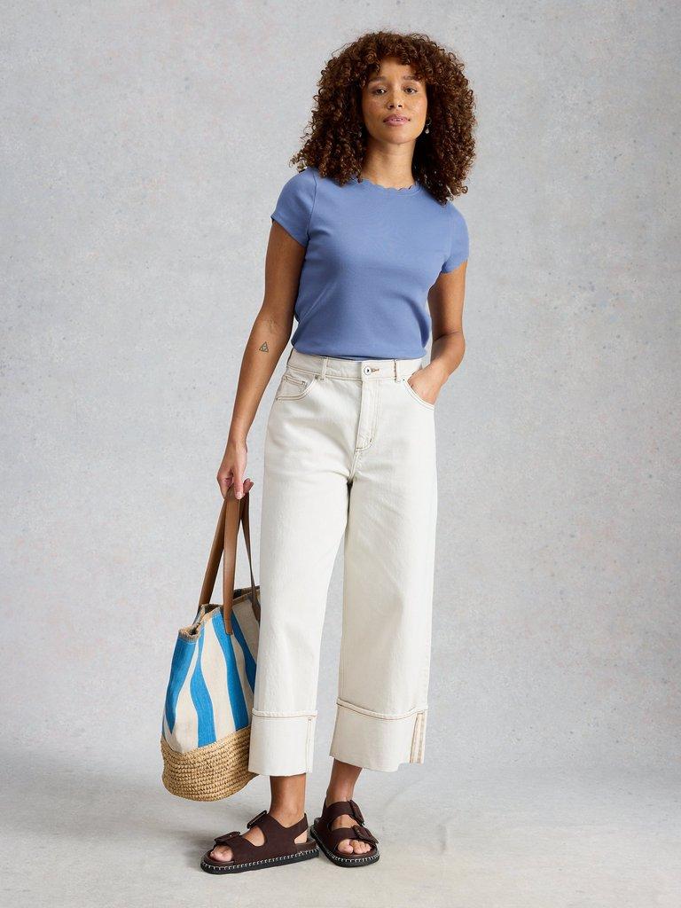AIDA SCALLOP SS TEE in MID BLUE - MODEL FRONT