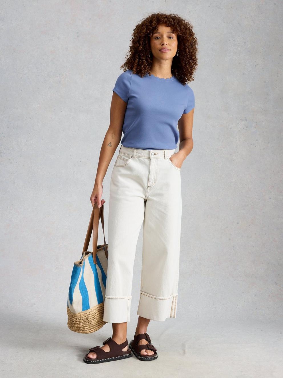 AIDA SCALLOP SS TEE in MID BLUE - MODEL FRONT