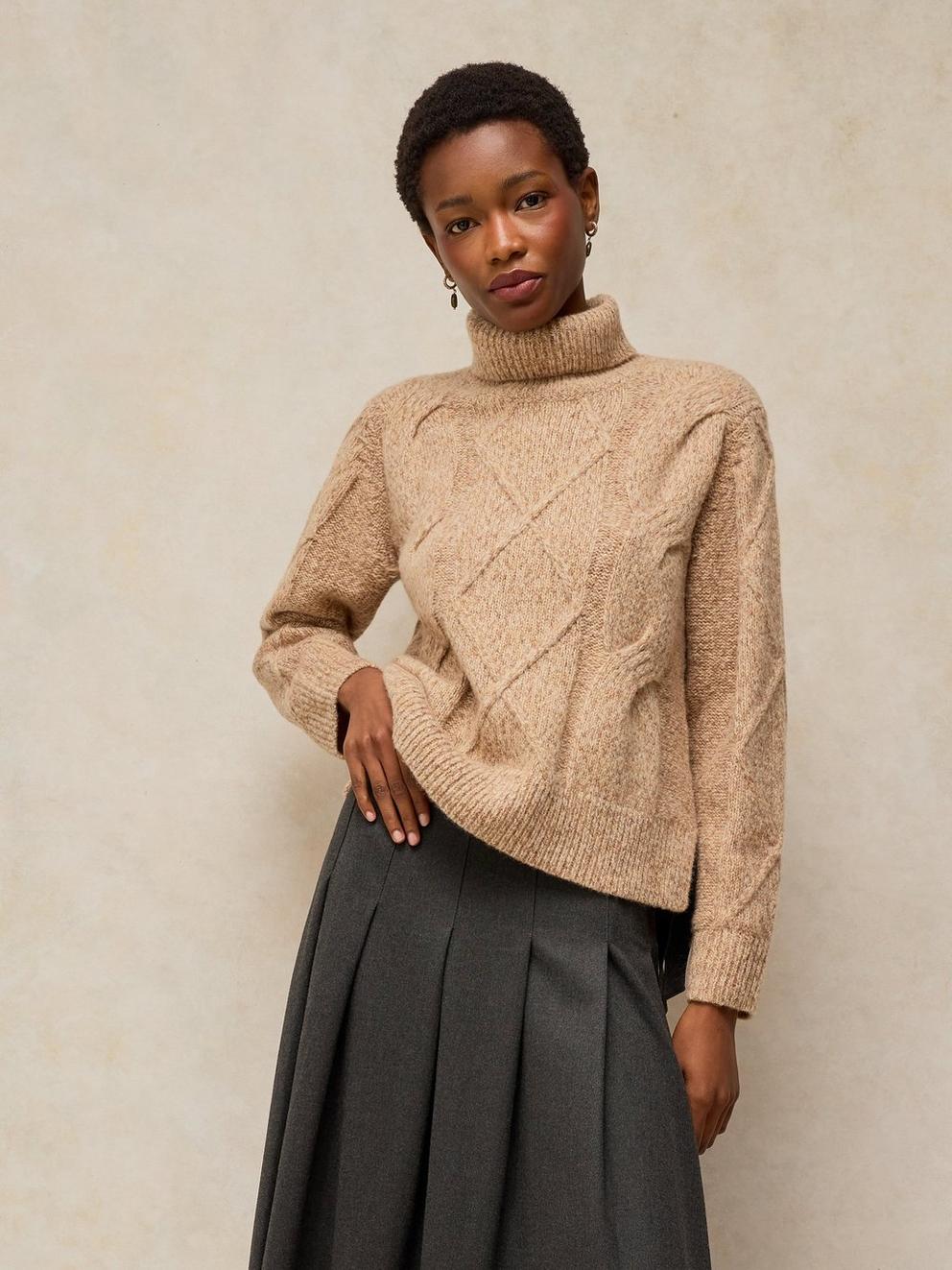 CABLE ROLL NECK JUMPER in MID BROWN | White Stuff