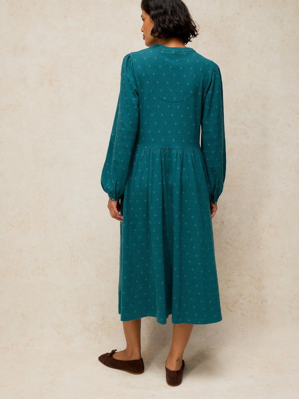 LEAH JERSEY DRESS in TEAL MLT - MODEL BACK