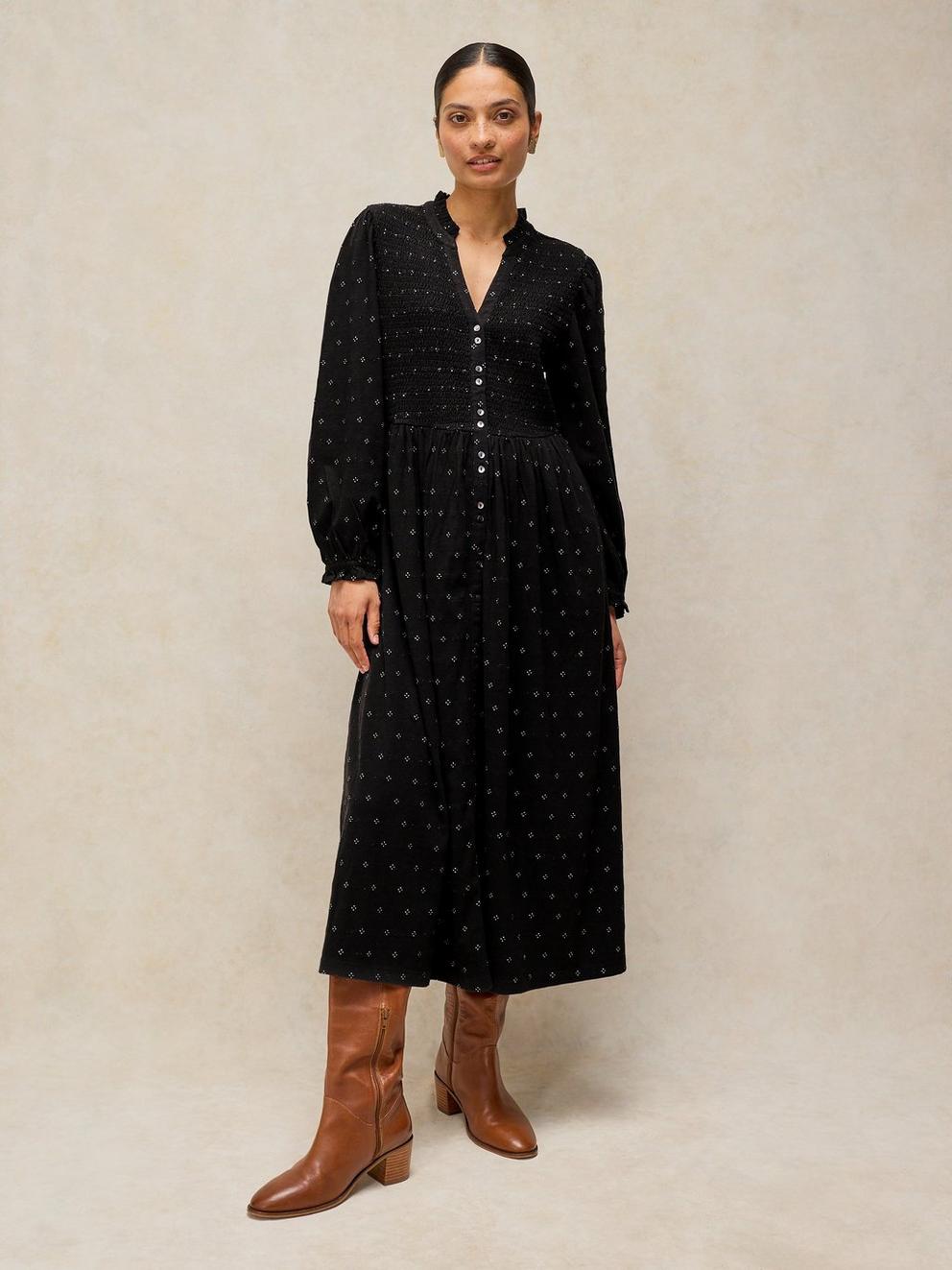 ADA SHIRRED DRESS in BLK MLT - LIFESTYLE