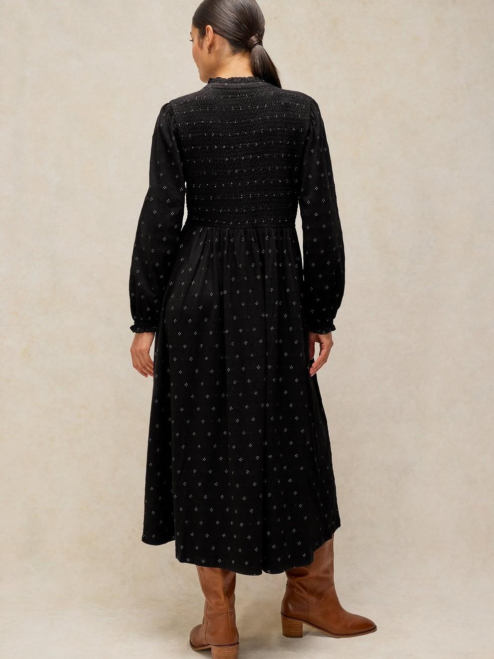 ADA SHIRRED DRESS in BLK MLT - MODEL BACK