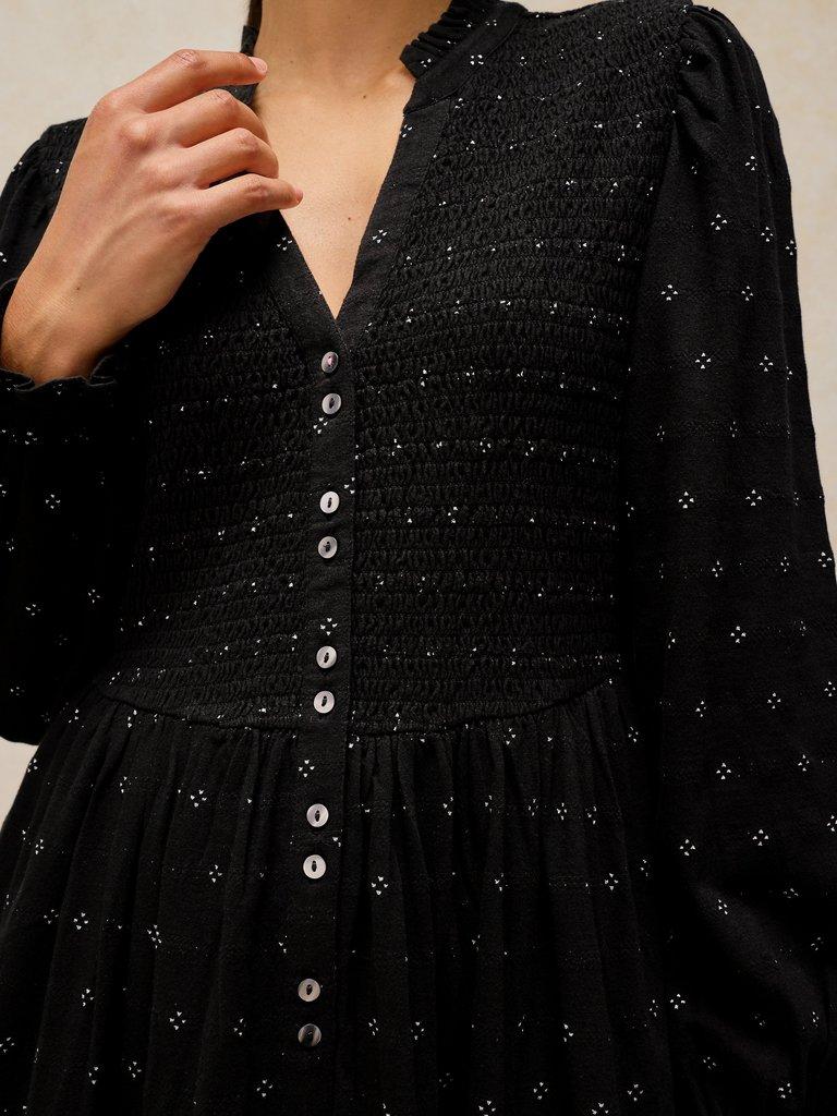 ADA SHIRRED DRESS in BLK MLT - MODEL DETAIL