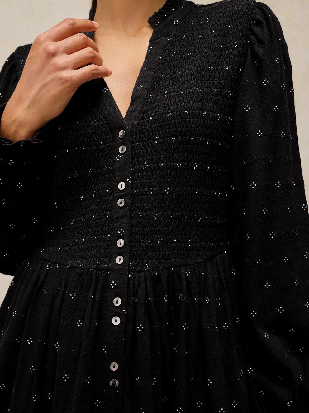 ADA SHIRRED DRESS in BLK MLT - MODEL DETAIL