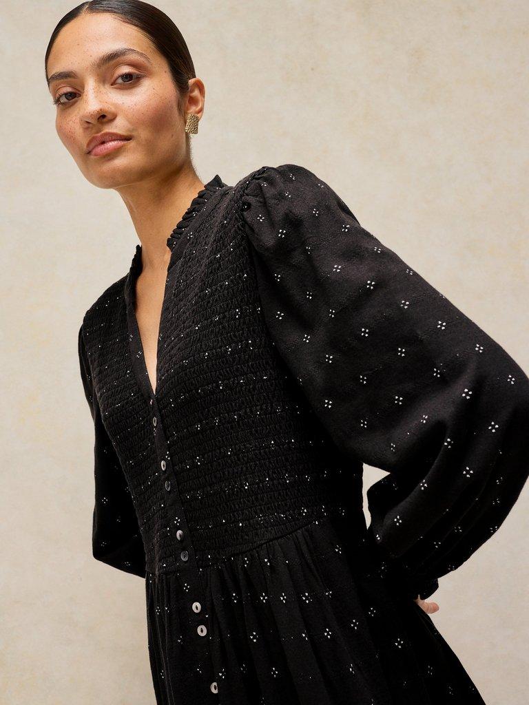 ADA SHIRRED DRESS in BLK MLT - MODEL FRONT