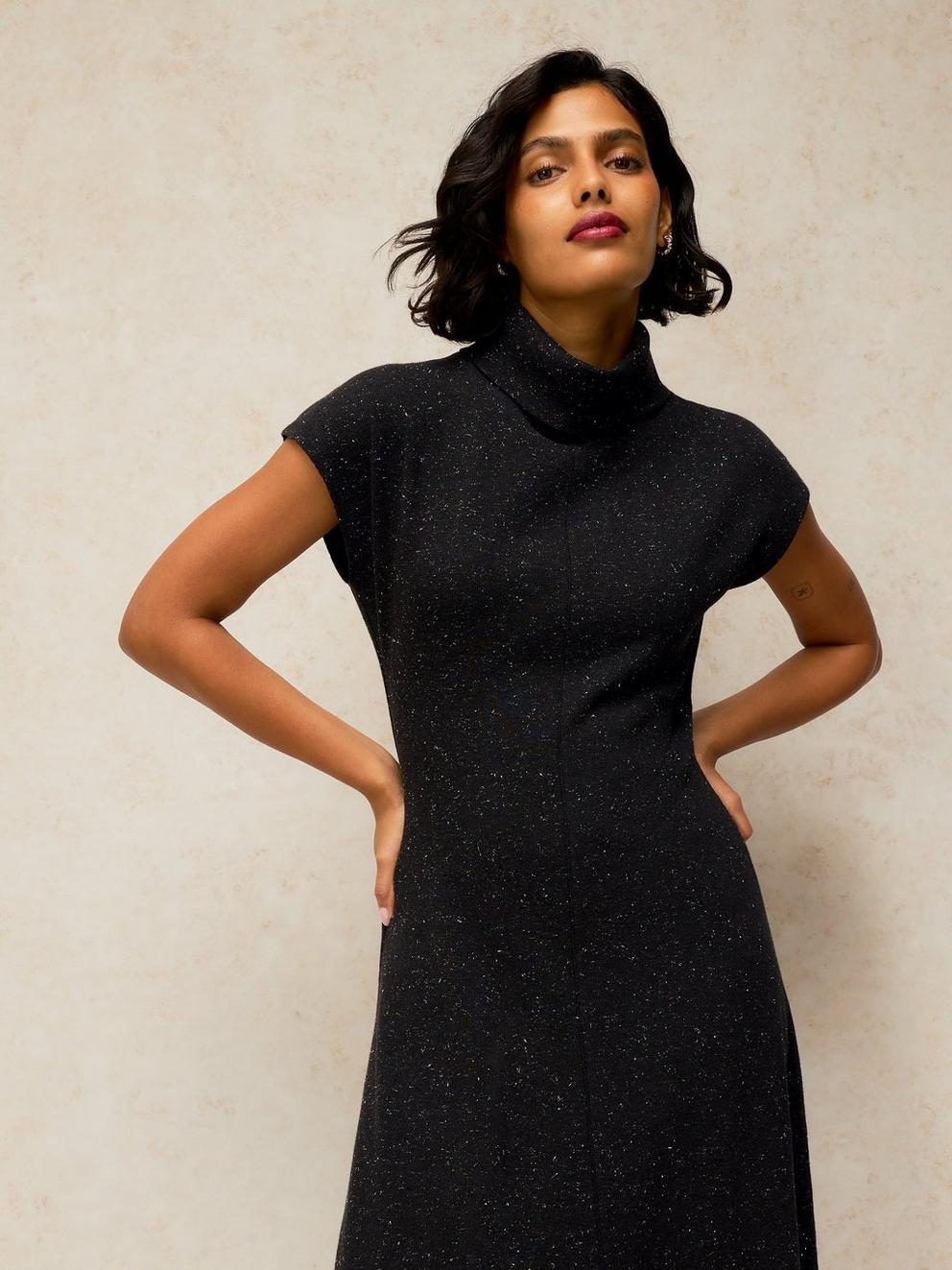 RUBY ROLL NECK SPARKLE DRESS in CHARC GREY - MODEL DETAIL