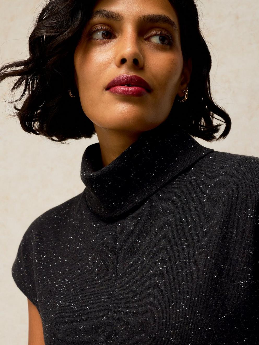 RUBY ROLL NECK SPARKLE DRESS in CHARC GREY - MODEL FRONT