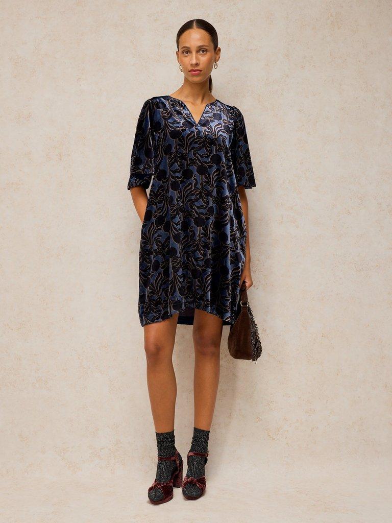 HARPER VELVET SHIFT DRESS in BLUE MLT - MODEL FRONT
