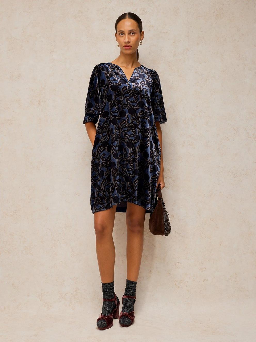 HARPER VELVET SHIFT DRESS in BLUE MLT - MODEL FRONT