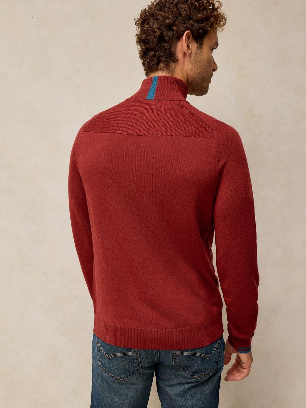 CONWAY MERINO FUNNEL JUMPER in DK RED - MODEL BACK
