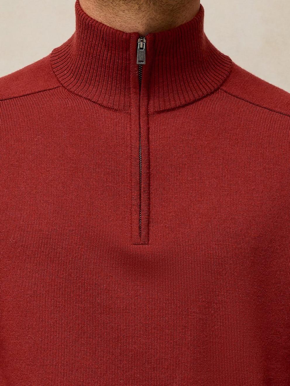 CONWAY MERINO FUNNEL JUMPER in DK RED - MODEL DETAIL