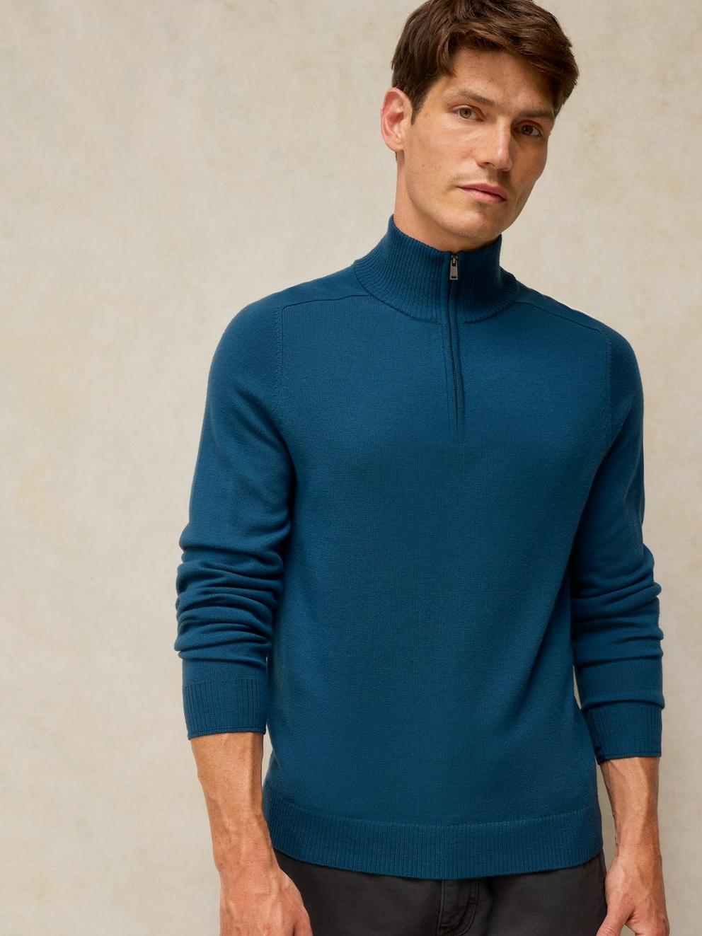 CONWAY MERINO FUNNEL JUMPER in DK TEAL - LIFESTYLE