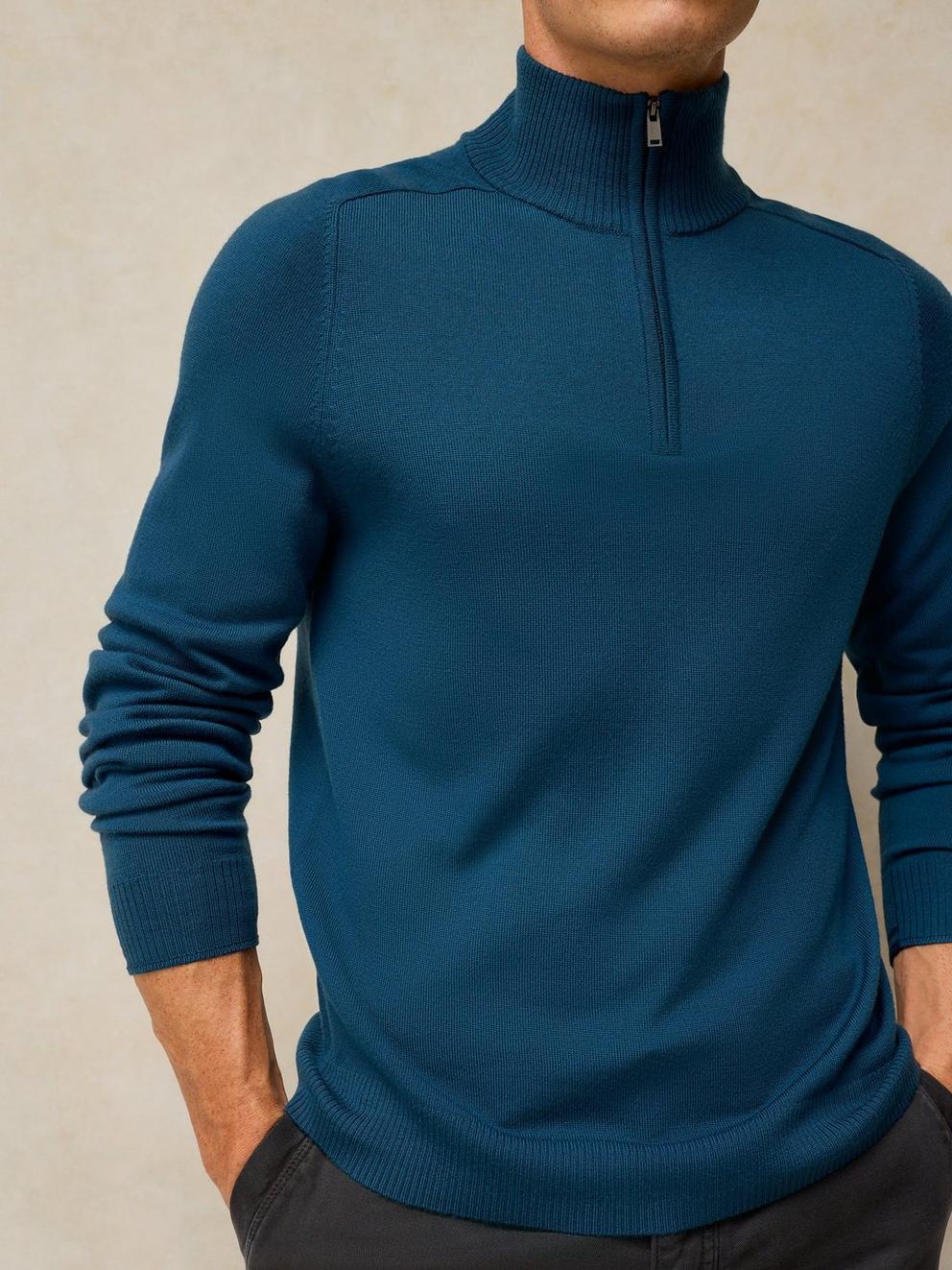 CONWAY MERINO FUNNEL JUMPER in DK TEAL - MODEL DETAIL