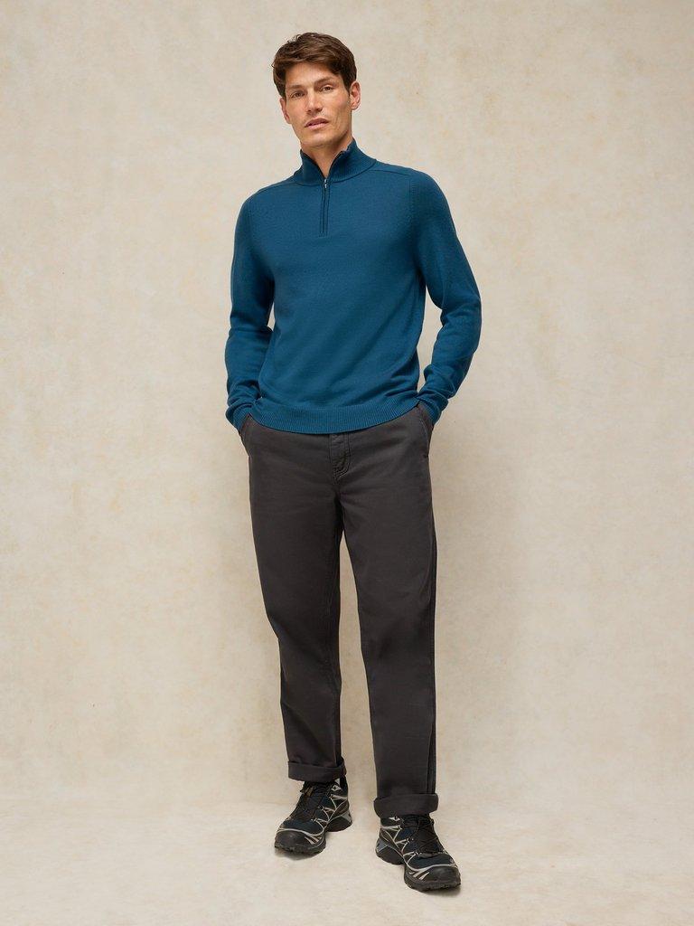 CONWAY MERINO FUNNEL JUMPER in DK TEAL - MODEL FRONT