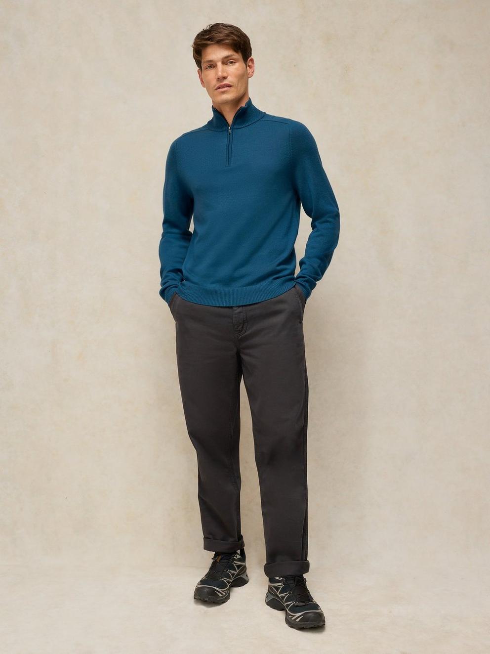 CONWAY MERINO FUNNEL JUMPER in DK TEAL - MODEL FRONT
