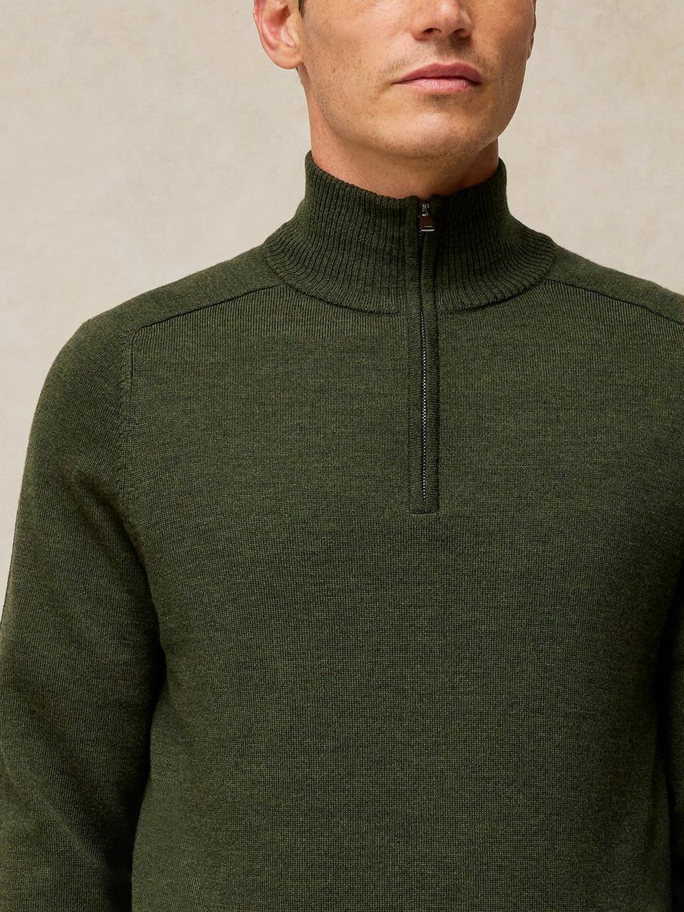 CONWAY MERINO FUNNEL JUMPER in KHAKI GRN - MODEL DETAIL