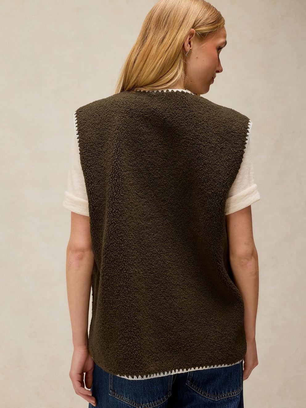BORG STITCH DETAIL GILET in KHAKI GREEN | White Stuff