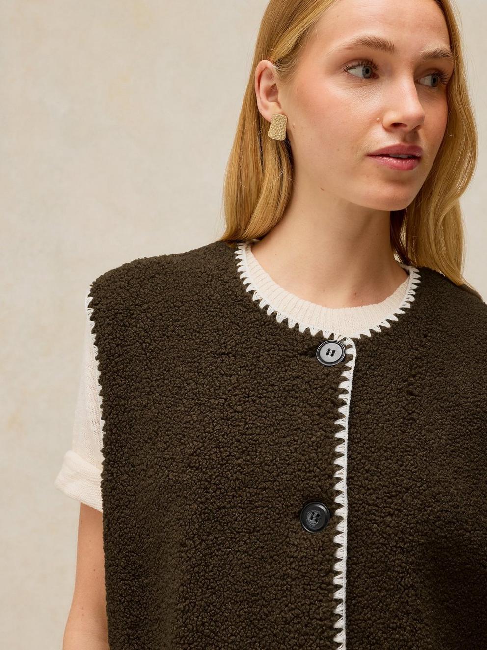 BORG STITCH DETAIL GILET in KHAKI GREEN | White Stuff